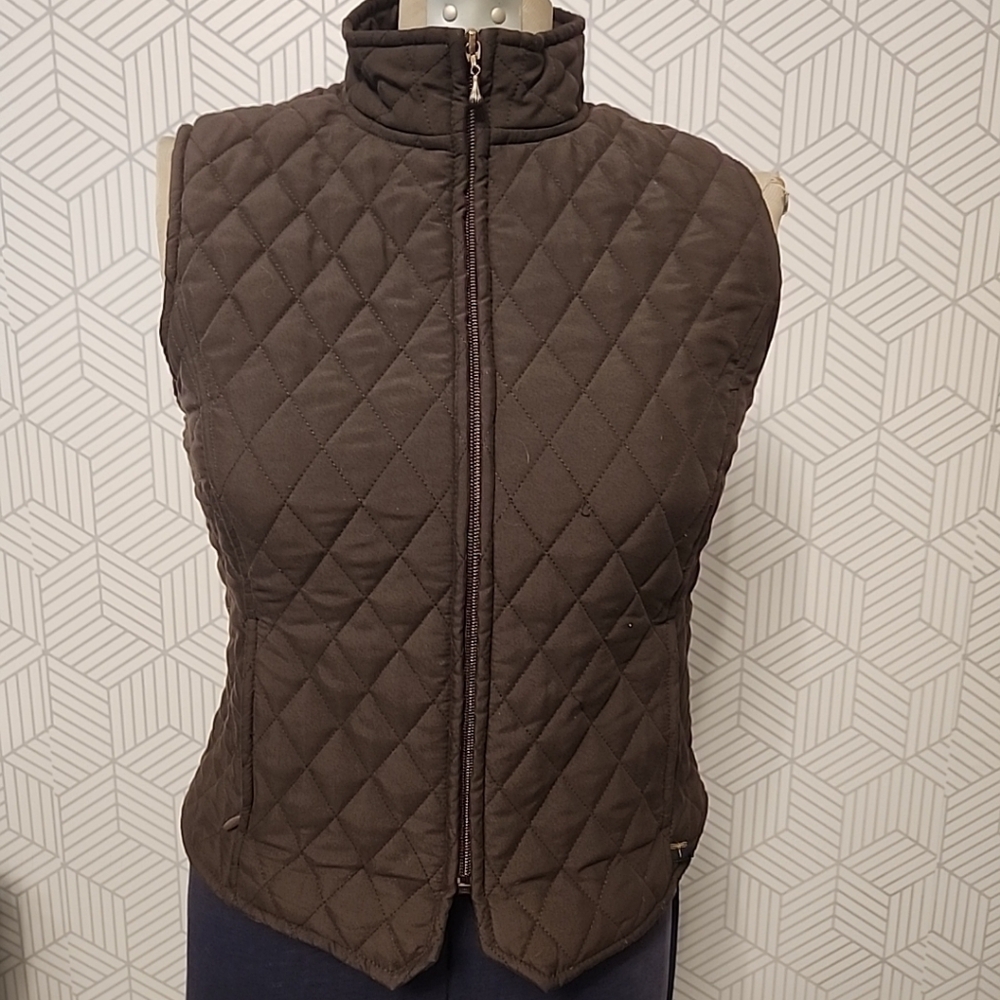 Tyler Boe Brown Quilted Vest Women's Size Small Full Zip Logo on Side Dragonfly